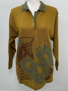 VTG MILADY Womens MEDIUM Mustard Teal Floral Wool Angora Collared L/S SWEATER